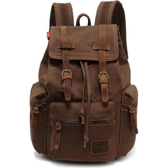Canvas Backpack with Leather Accents, Coffee - Picture 1 of 6